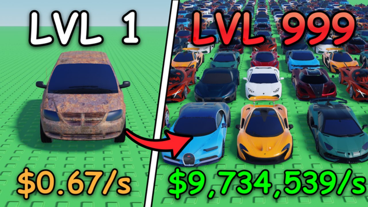 Mini Race gameplay showing collectible cars lined up near garage and track scenery on Roblox